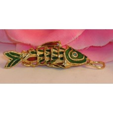 Vintage Cloisonne Enamel Articulated Fish Pendant Green & Gold Tone Koi lot #7